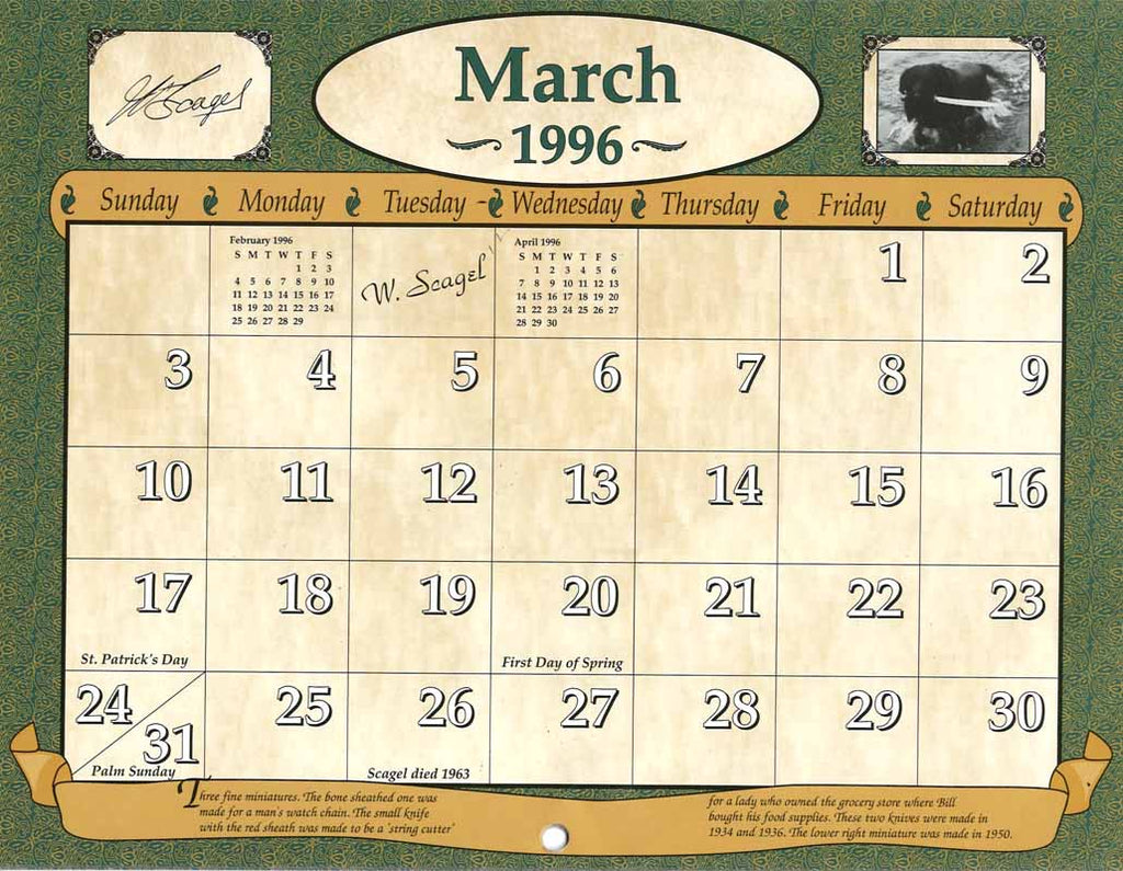 1996 Pictorial Calendar of William W. Scagel Knives - From the Dr. James Lucie Collection