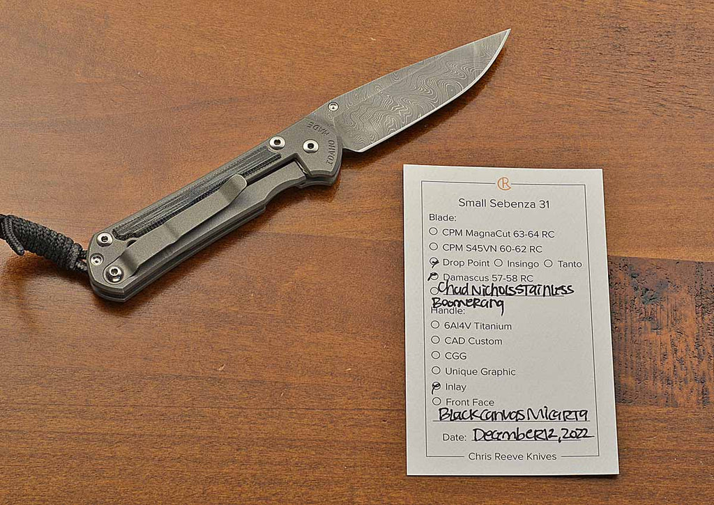 Pre-Owned Small Sebenza 31 Black Canvas Micarta Boomerang Damascus