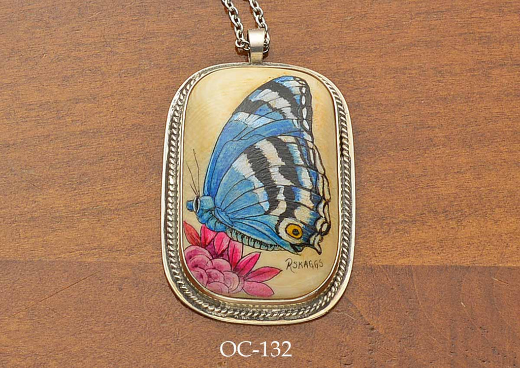 Blue Butterfly Scrimshaw Pendant